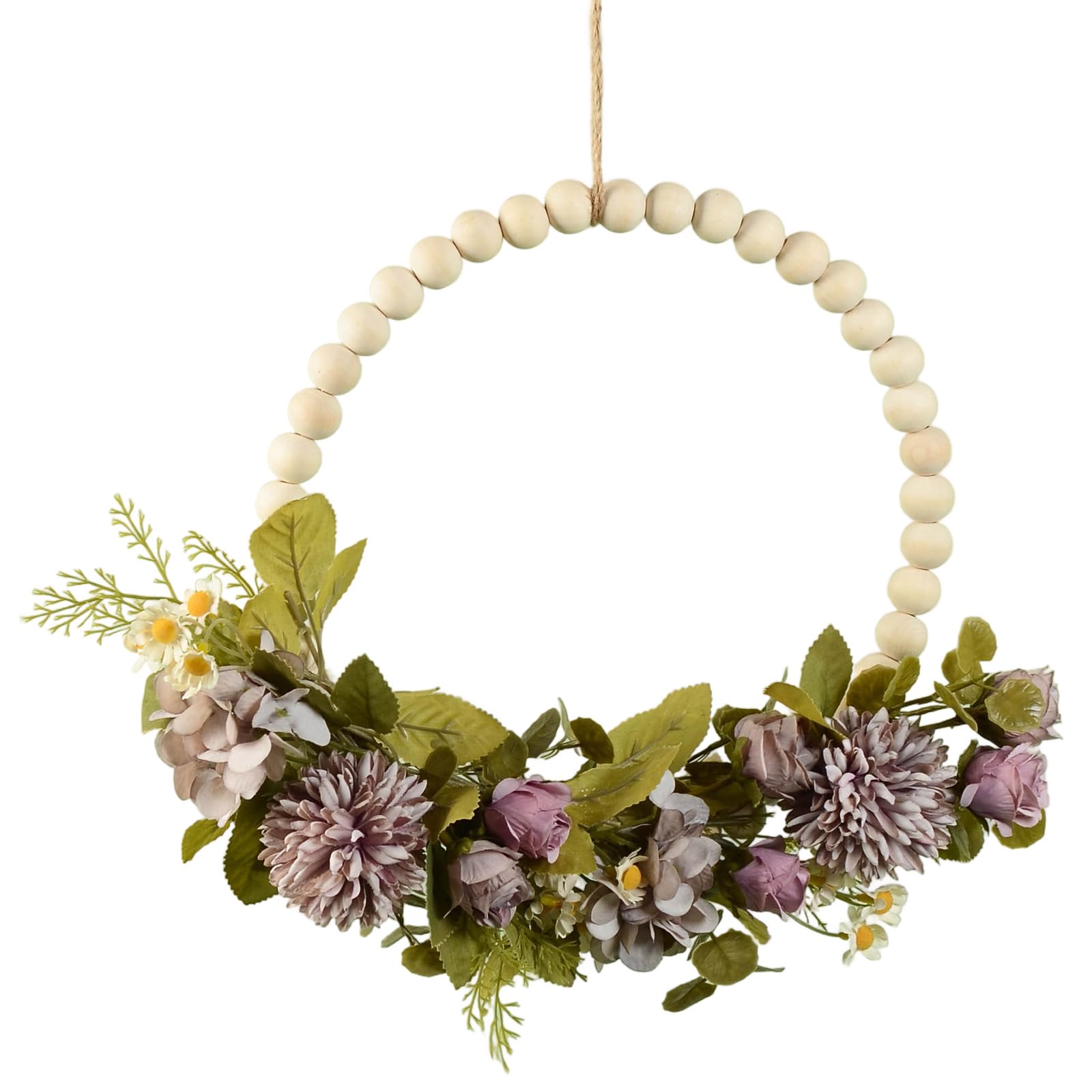 Kalttoy Wood Beads Wreath Artificial Flower Wreath Spring for Door Farmhouses Garden Wedding Thanksgiving Decoration Wood Beads