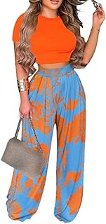 2 Piece Outfits for Women Short Sleeve Crop Top High Waist Wide Leg Long Pant Sets Tracksuit Sport Set