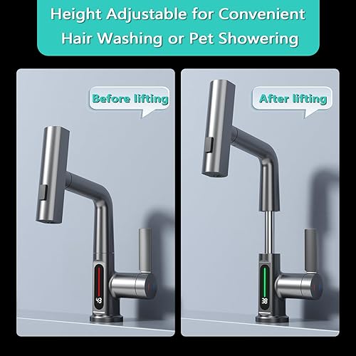 Miniatura 4 de BARROCK Grifos de baño en cascada con rociador extraíble, moderno grifo de fregadero de baño extraíble con pantalla digital de temperatura, grifo