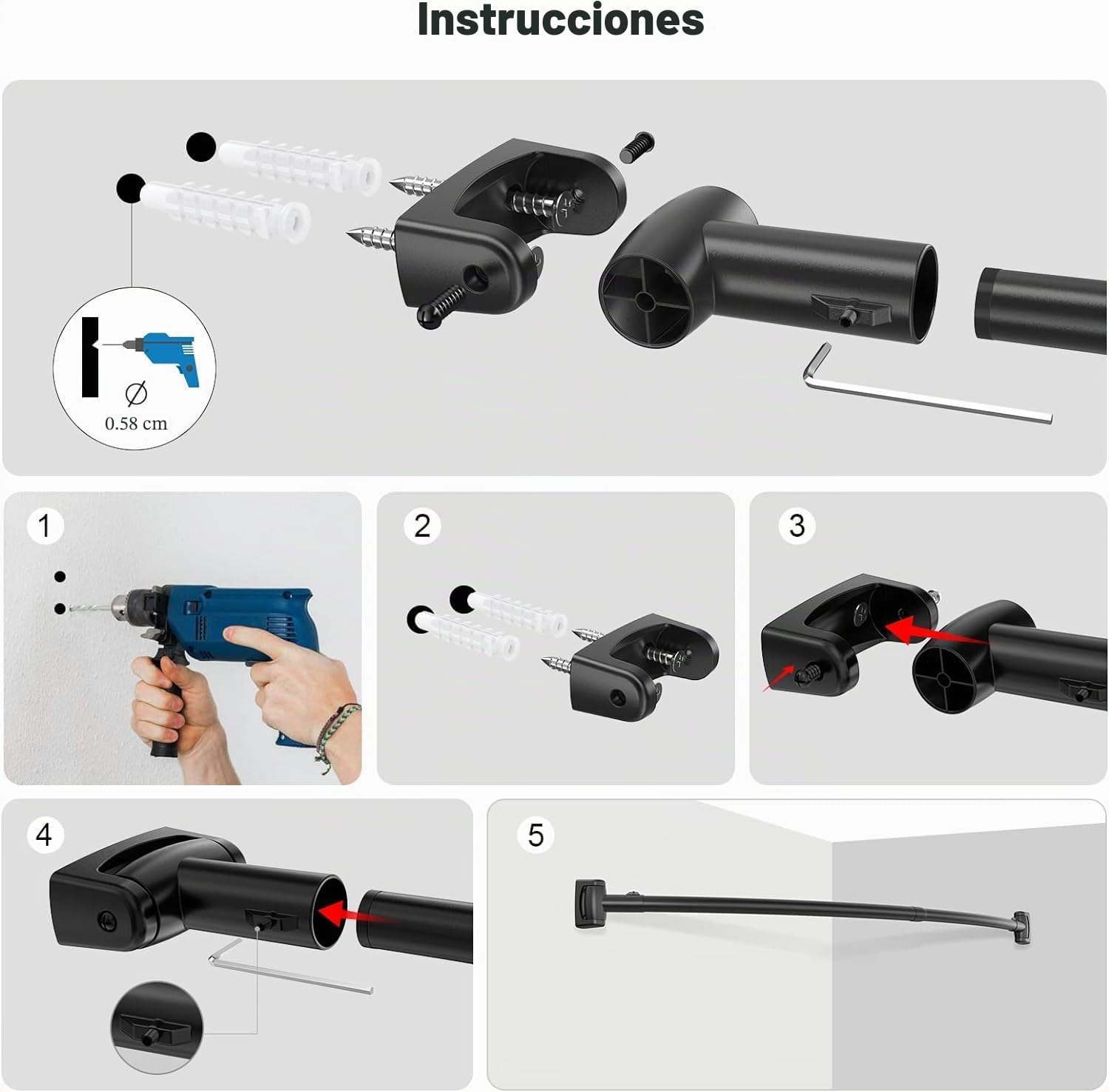 Barra Cortina Ducha Curvada 140-200cm, Acero Inoxidable 304 Extensible, Soporte 25kg, Barra de Ducha con Base Ajustable 180° para Baño, Vestidor y Bañera, Incluye 18 Ganchos, Negro