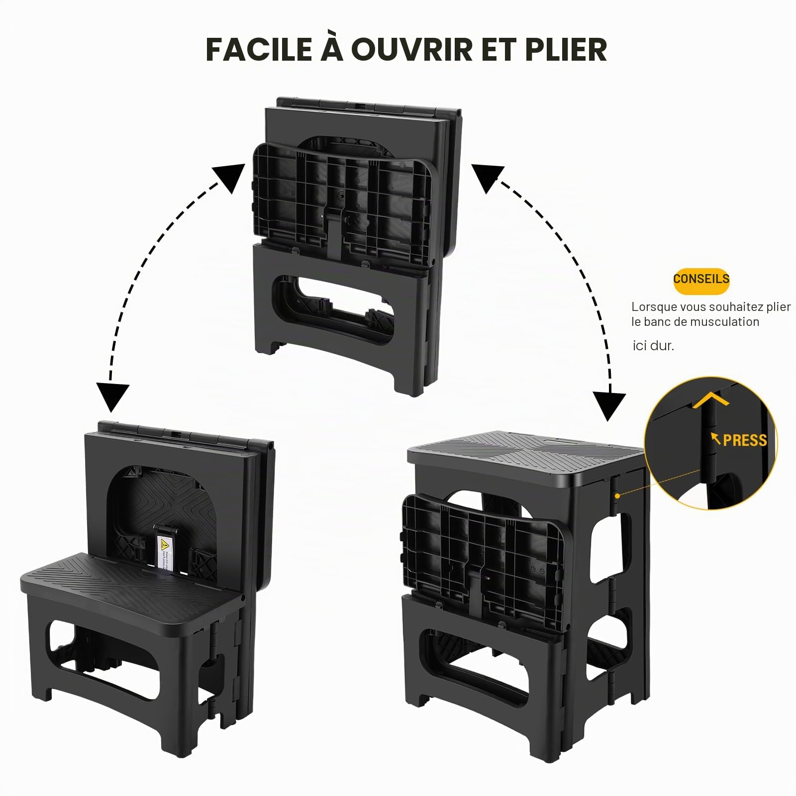 Tabouret pliable à 2 marches pour adultes, repose-pieds pliable antidérapant pour enfants et tout-petits, tabouret de chevet portable, peut supporter jusqu'à 136 kg, escabeau léger et pliable pour