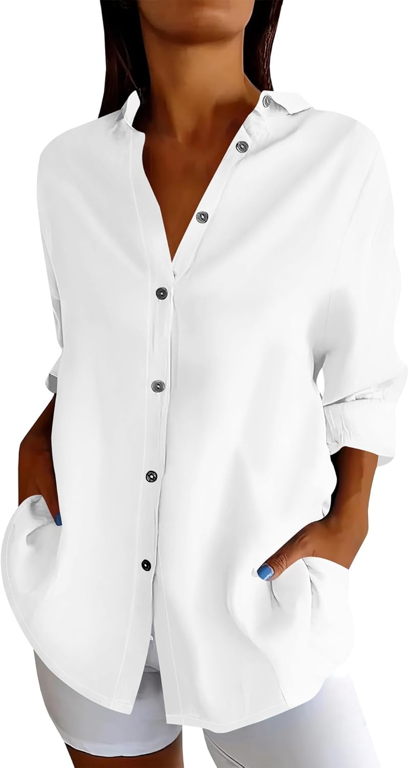 Button Down Shirt Women V Neck Collar 3/4 Sleeves Blouse Casual Loose Fit Tunic Tops 100% Cotton Summer Outfits