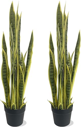Planta de serpiente artificial de 3 pies, 2 piezas, 32 hojas realistas de PVC, sansevieria sintética de 35 pulgadas para decoración de interiores
