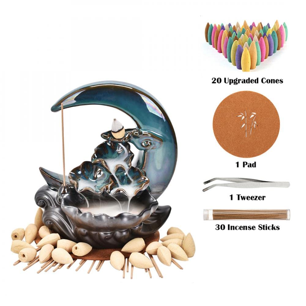 Bruciatore Di Incenso A Riflusso In Ceramica Con 20 Coni E 30 Bastoncini - Decorazione Cascata Di Fumo Per Relax, Yoga E Meditazione - 16,6x15x10,9 Cm