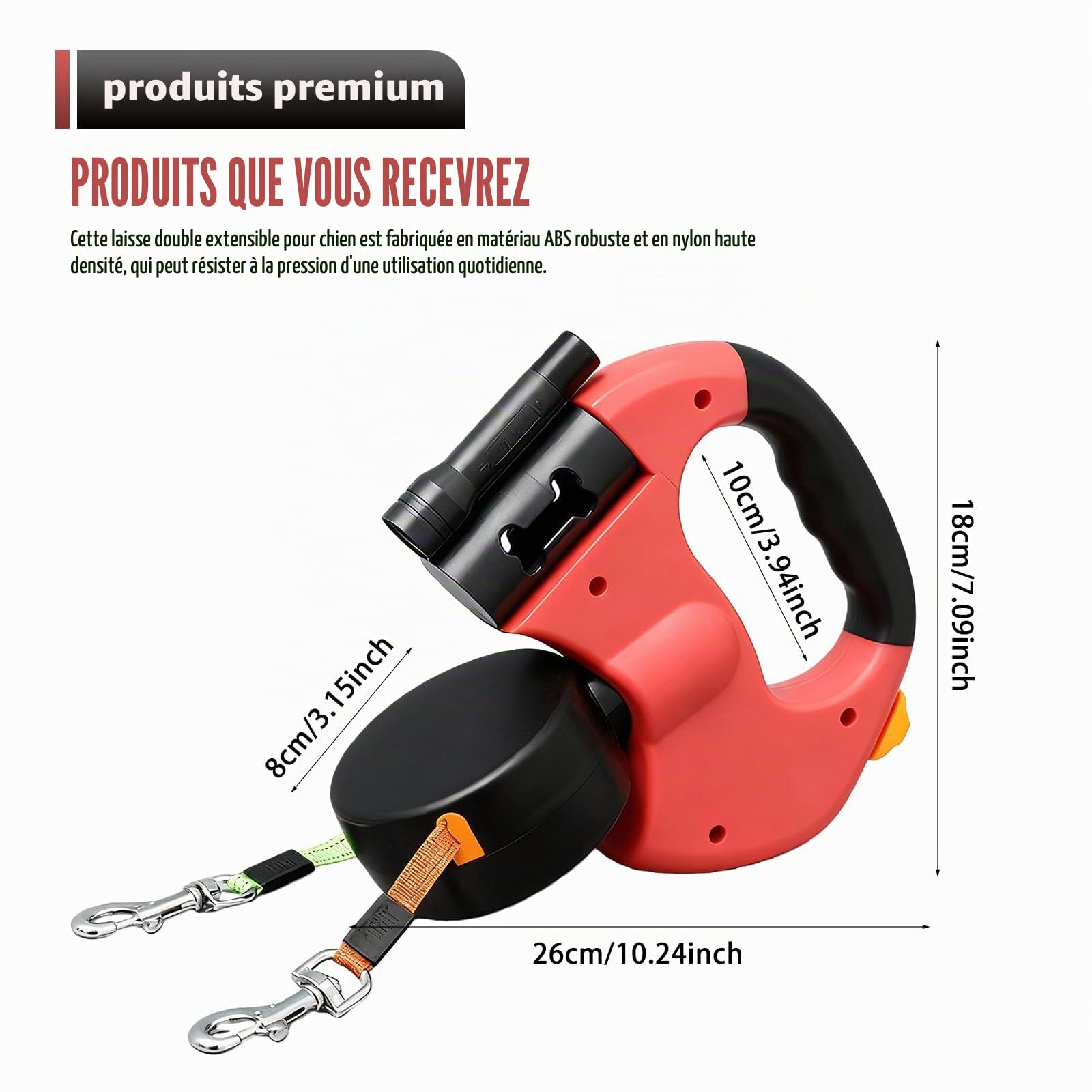 BAIFULAI Laisse rétractable pour 2 chiens, 3 m, double laisse pour 2 chiens, avec lumière, poignée antidérapante, extensible, pour chiens de petite et moyenne taille, rouge