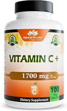 NaturaLife Labs Vitamin C with Vitamin D3, Zinc, Elderberry & Ginger Root 1,700 mg per Serving 100 Capsules, Vegan, Non-GMO, Gluten Free