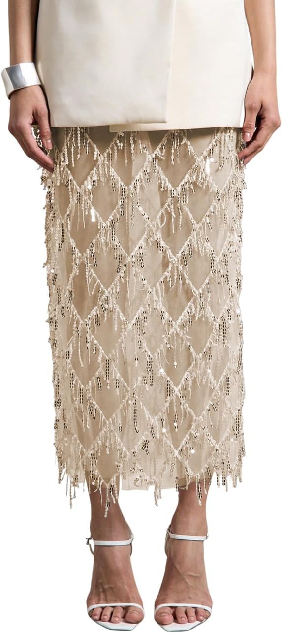 Pinclodly Sequin Skirt for Women Elastic High Waist See Through Maxi Skirt Side Slit Sparkly Fringe Skirts Y2K Rave Outfits