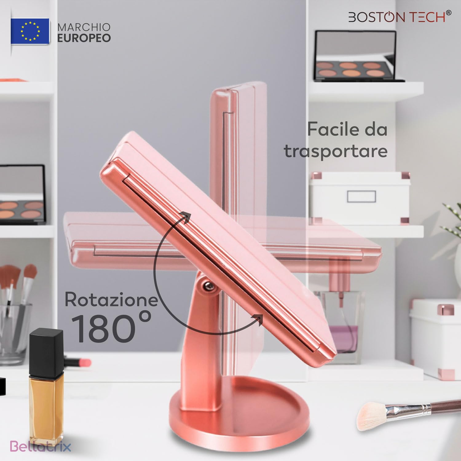 Boston Tech Specchio trucco con luce LED Bellatrix, ingrandimento 1x/2x/3x/10x, specchio pieghevole a 3 pannelli, rotazione 180°, touchscreen, doppia alimentazione e design elegante