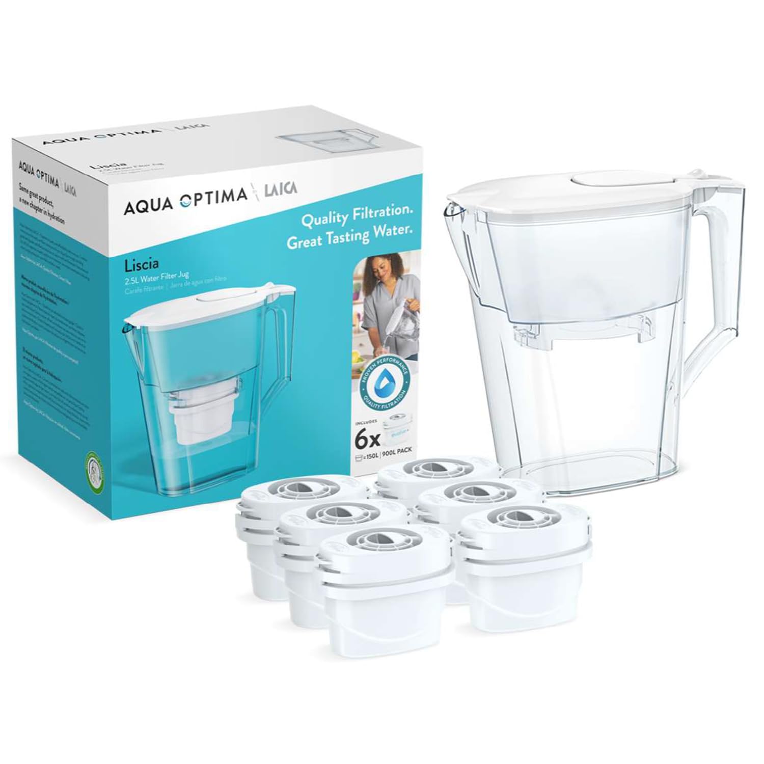 Aqua Optima Oria Water Filter Jug & 6 Evolve+ Filter Cartridge 2.8L Blue - Fridge & Dishwasher Friendly, Easy Fill - Reduces Limescale, Chlorine & Other Impurities - By LAICA (Packaging May Vary)
