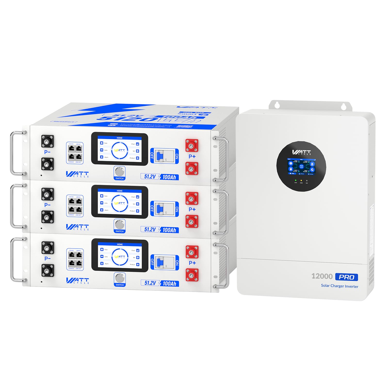 WattCycle Triple 48V 100Ah Server Rack Batteries with 12kW Solar Inverter