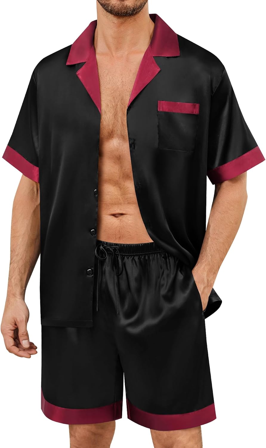 SWOMOG Mens Satin Pajamas Set Silk Pj Sets Short Sleeve Button Down 2 PCS Sleepwear with Drawstring & Pockets S-3XL