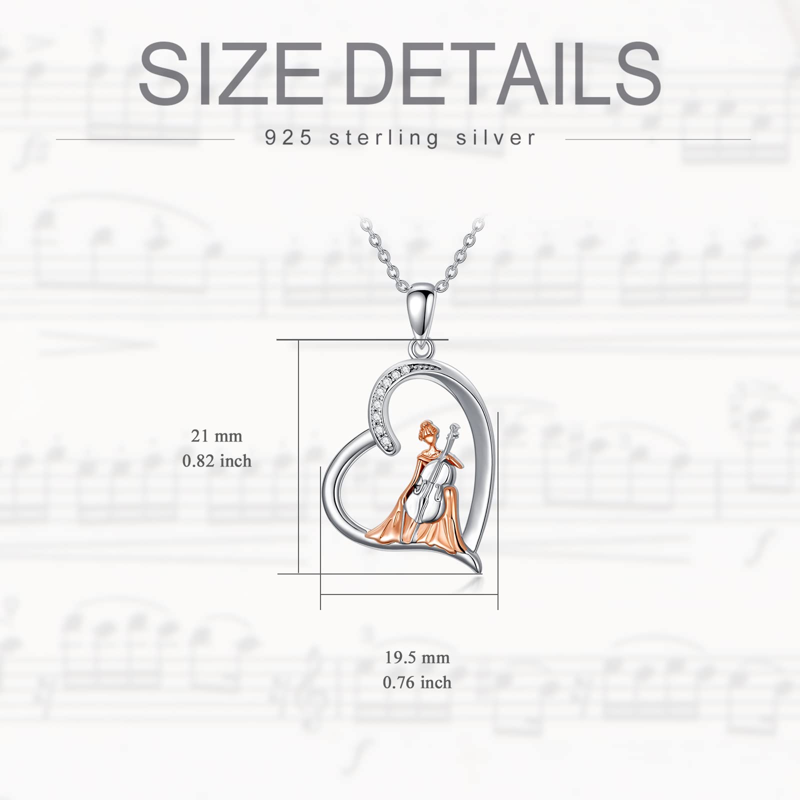 Collar violinista de plata de ley, joyería de cristal para violonchelo violín, regalo de música para mujeres y niñas e hijas, Plata esterlina, Sin gemas.