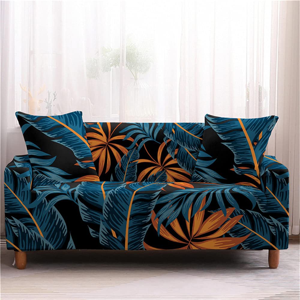 Fansu Navy Blue Stretch Sofa Cover Tropical Plants Palm Leaf Printed Slipcover, Universal Settee Loveseat Couch Cover Home Decor, Soft Removable Washable Pet Furniture Protector (,2 Seater)