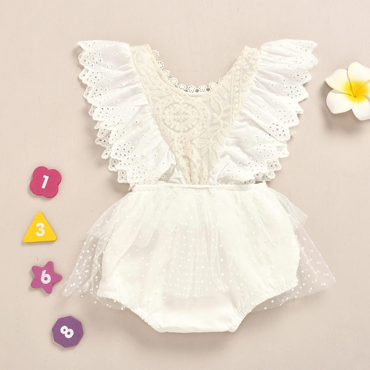 1st Birthday Outfit for Baby Girls - Boho Lace Romper Princess Tutu Dress with Flower Headband First Birthday Cake Smash Photoshoot Outfit First 1st Christmas for Baby Girls Beige 18-24 Months - Image 2