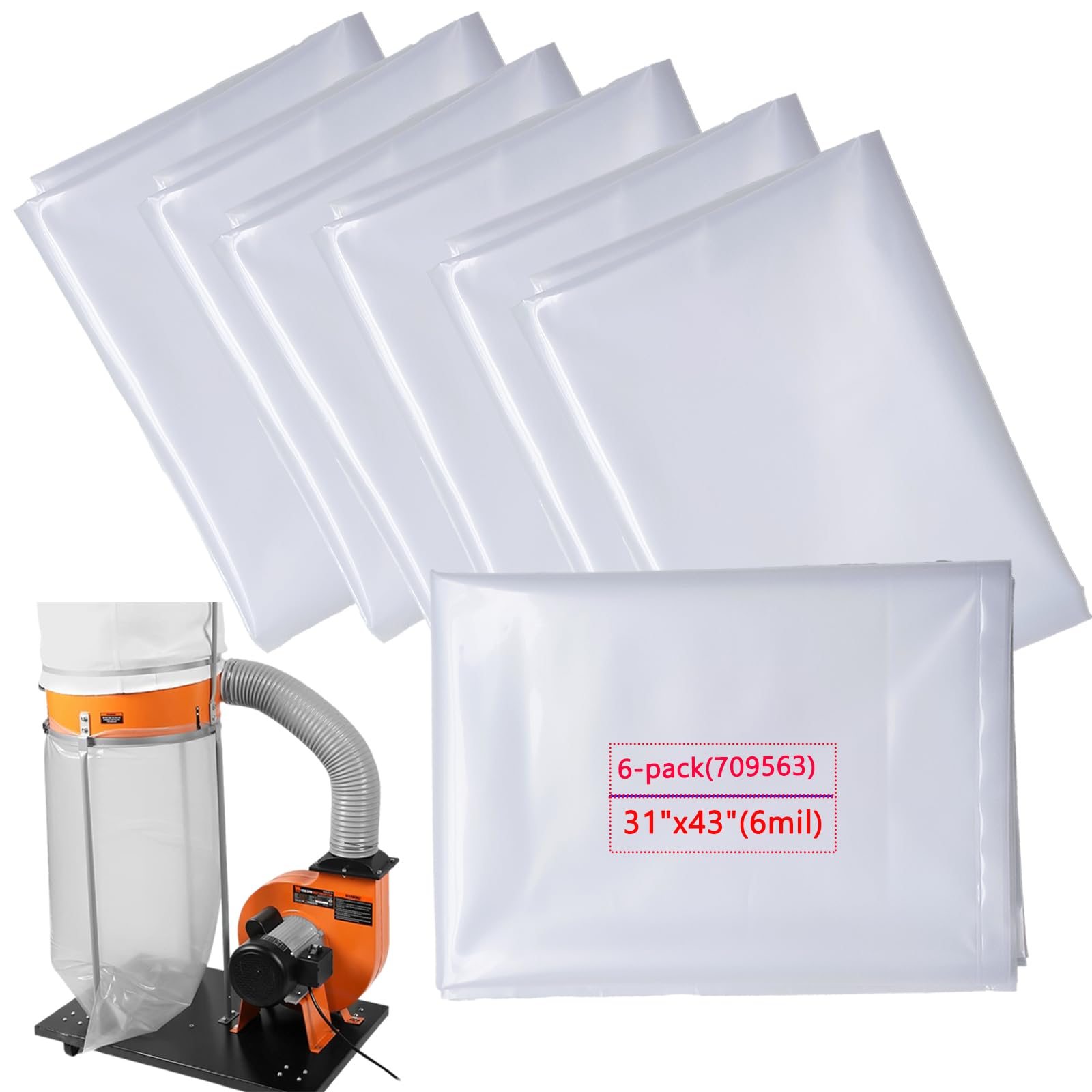 6-Pack 709563 Dust Collector bags 20" Dia 70-gallon 6-Mil Heavy-Duty Clear Lower Dust Collection Bag Fits Grizzly JET DC-1100VX DC-1200VX Central