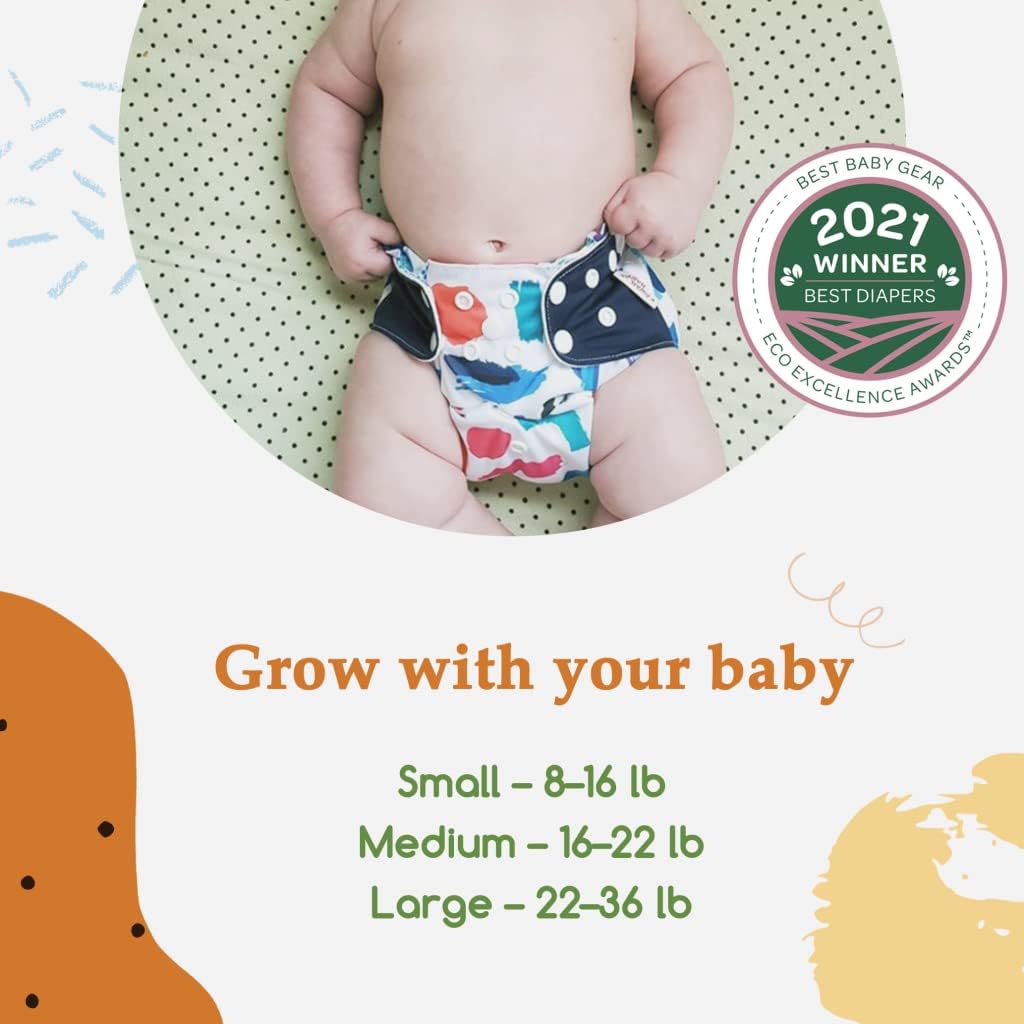 KAWAII BABY 5 One Size Printed Snap Cloth Diapers + 10 Super Absorbent Diaper Inserts, Waterproof, Reusable, Fit Babies 8-36 lb Sunshower