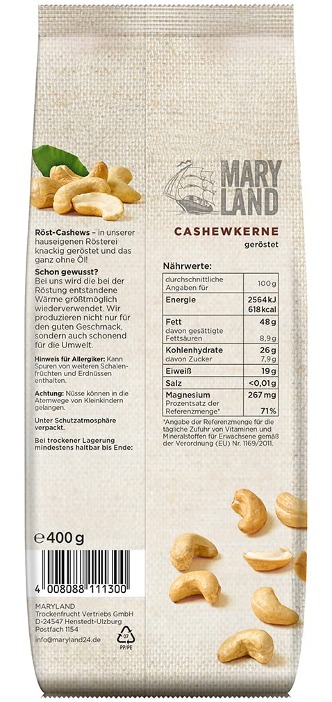 Maryland Röst-Cashews 400g im 6er Pack – Knackige Cashewkerne schonend ganz ohne Öl geröstet – Einzigartiges Aroma aus eigener Röstung in Deutschland (6 x 400g)