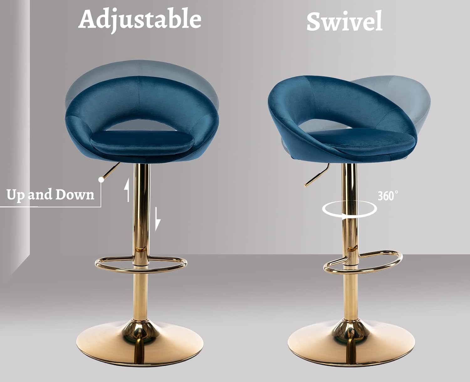 EALSON Counter Height Bar Stools Set of 4 Swivel Barstools with Low Back Modern Adjustable Bar Chairs with Gold Base Upholstered Velvet Comfortable Kitchen Island Stools, Navy Blue