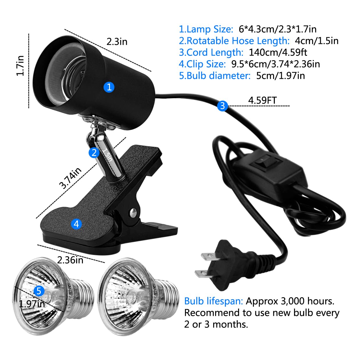 DOMICA Turtle Heat Lamp + 2 Heating Bulbs (50W,35W), Reptile UVA UVB Basking Spot Lamp, Warming Light with Clamp for Tortoise, Lizard, Snake, Leopard Gecko, Beared Dragon, Brooder Box - image 6