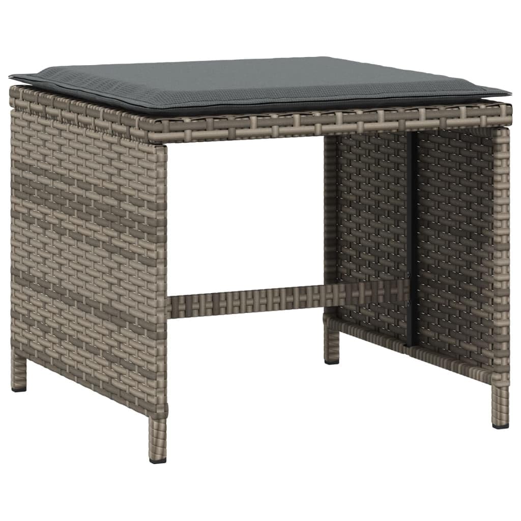 Taboret ogrodowy z poduszkami, 4 sztuki, szary, 40 x 40 x 35 cm, polirattan, odporny na warunki atmosferyczne, można układać w stos, stołek do siedzenia na zewnątrz, z tapicerką, na taras