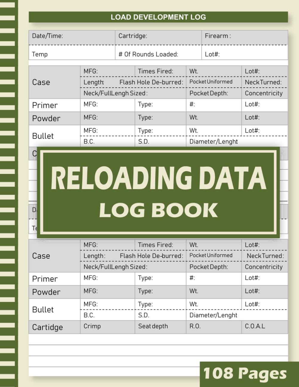 Reloading Data Log Book: Ammo Reloading Record Book for Tracking Ammunition Handloading Data