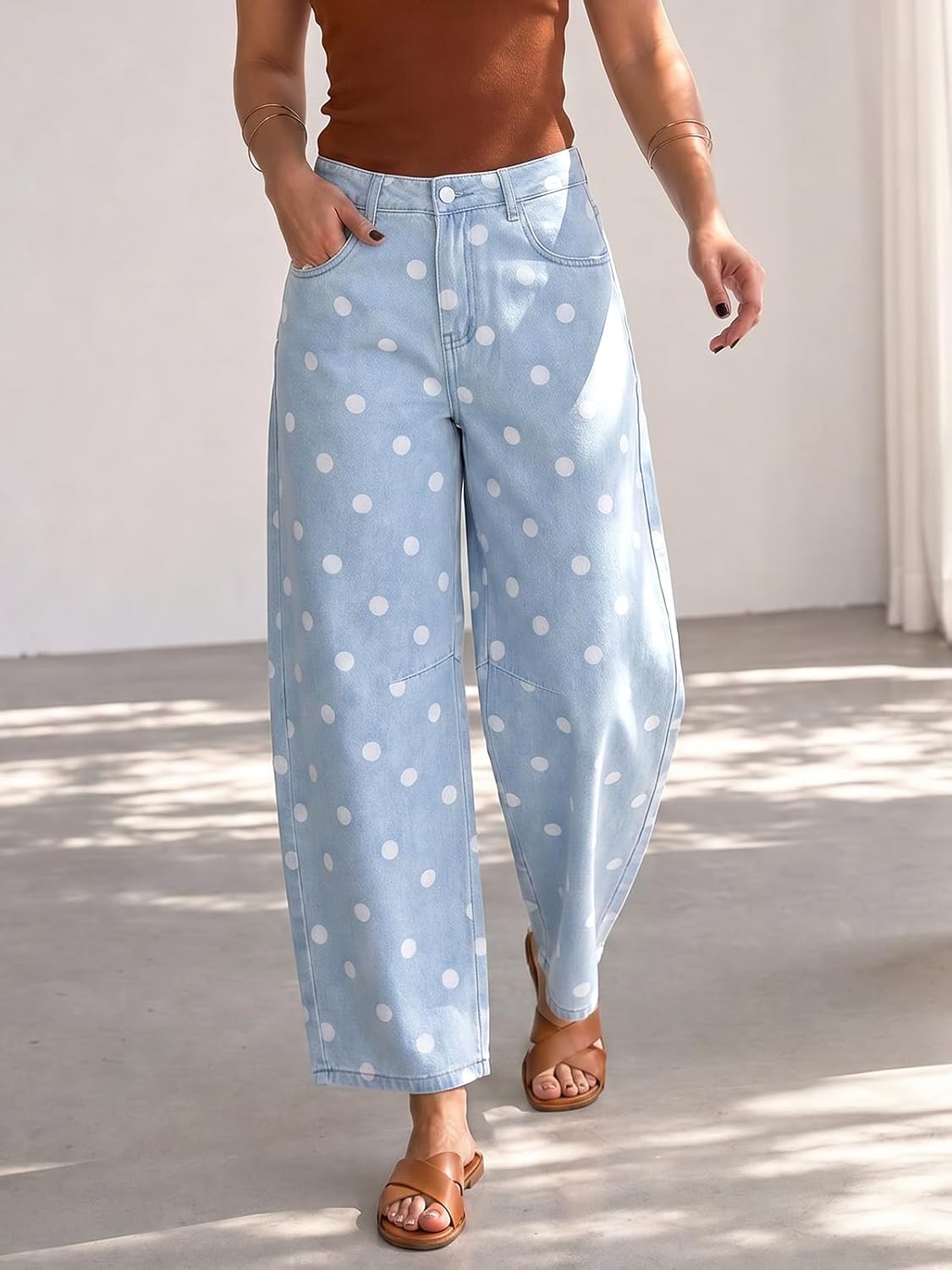 Cicy Bell Womens Polka Dot Barrel Jeans Boyfriend Baggy High Rise Wide Leg Denim Pants with Pockets