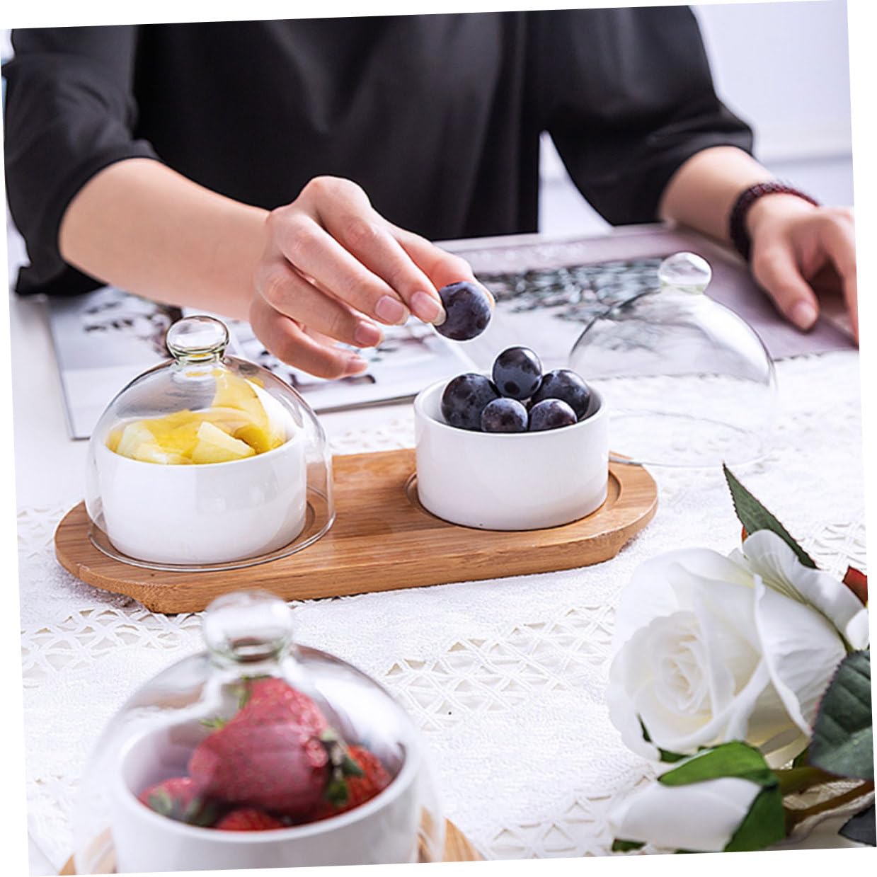 Gatuida 2 Juegos Bol para Servir Postres con Tapa de Vidrio Transparente y Bandeja Resistente y Duradero para Ensaladas y Aperitivos Casa Restaurante y Hotel