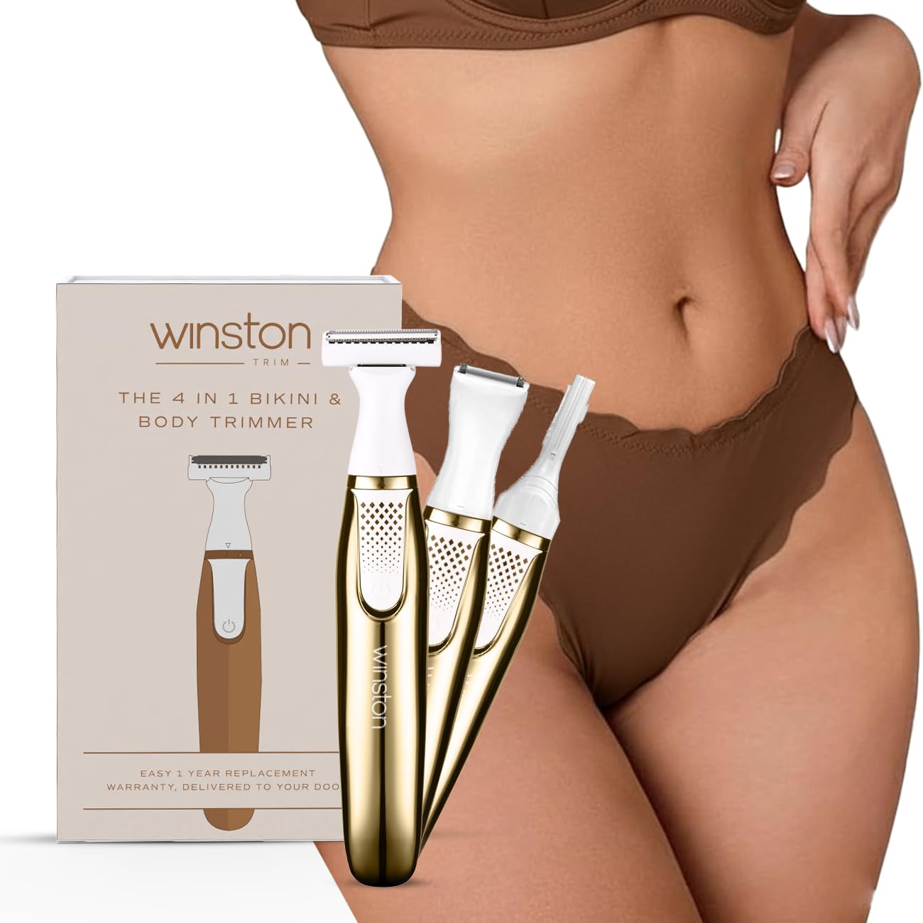WINSTON 4 in 1 Bikini Trimmer for Women, Rechargeable Full Body Hair Trimmer for Bikini, Underarms, Body & Eyebrows, Cordless Electric Hair Remover, Sensitive Skin Grooming