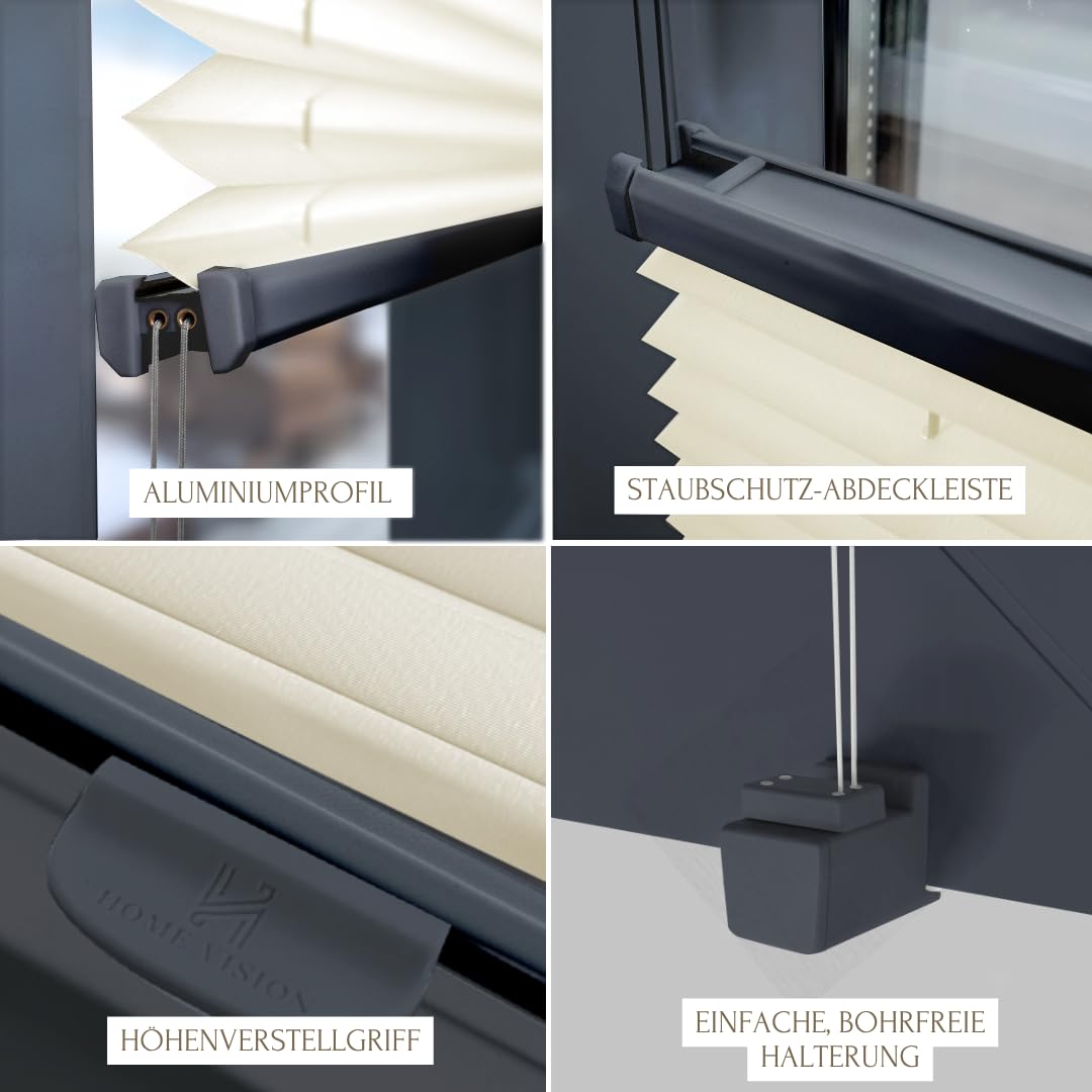 Home-Vision Premium Plissee Klemmfix Graphit B95 x H200cm Profil Anthrazit | Ohne Bohren Sonnenschutz & Sichtschutz Faltrollo Easyfix Klemmträger für Fenster und Tür