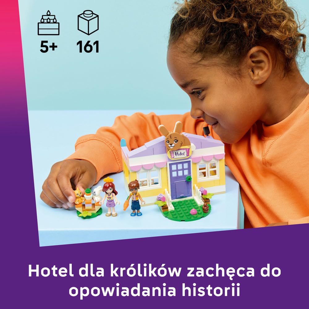 LEGO Friends Hotel dla królików w mieście Heartlake, klocki dla 5-latki, zabawka dla dzieci zawiera 2 minilaleczki, 2 figurki zwierząt i marchewkowe akcesoria, prezent dla dziewczynki i chłopca 42679