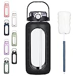 BLUEGO 64oz Glass Water Bottles with Straw Time Marker Half Gallon Large Motivational Water Bottle with Silicone Sleeve 2 Liter Large Glass Water Jug Daily, Black