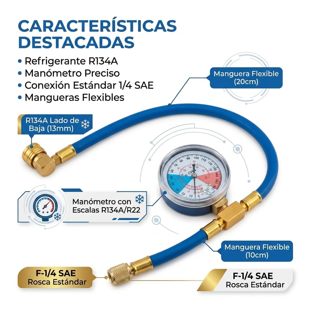 Kit de Manguera para Carga y Recarga de Gas Aire Acondicionado Coche, para Gas Refrigerante R134a, con Manómetros de Aire Acondicionado y Abrelatas