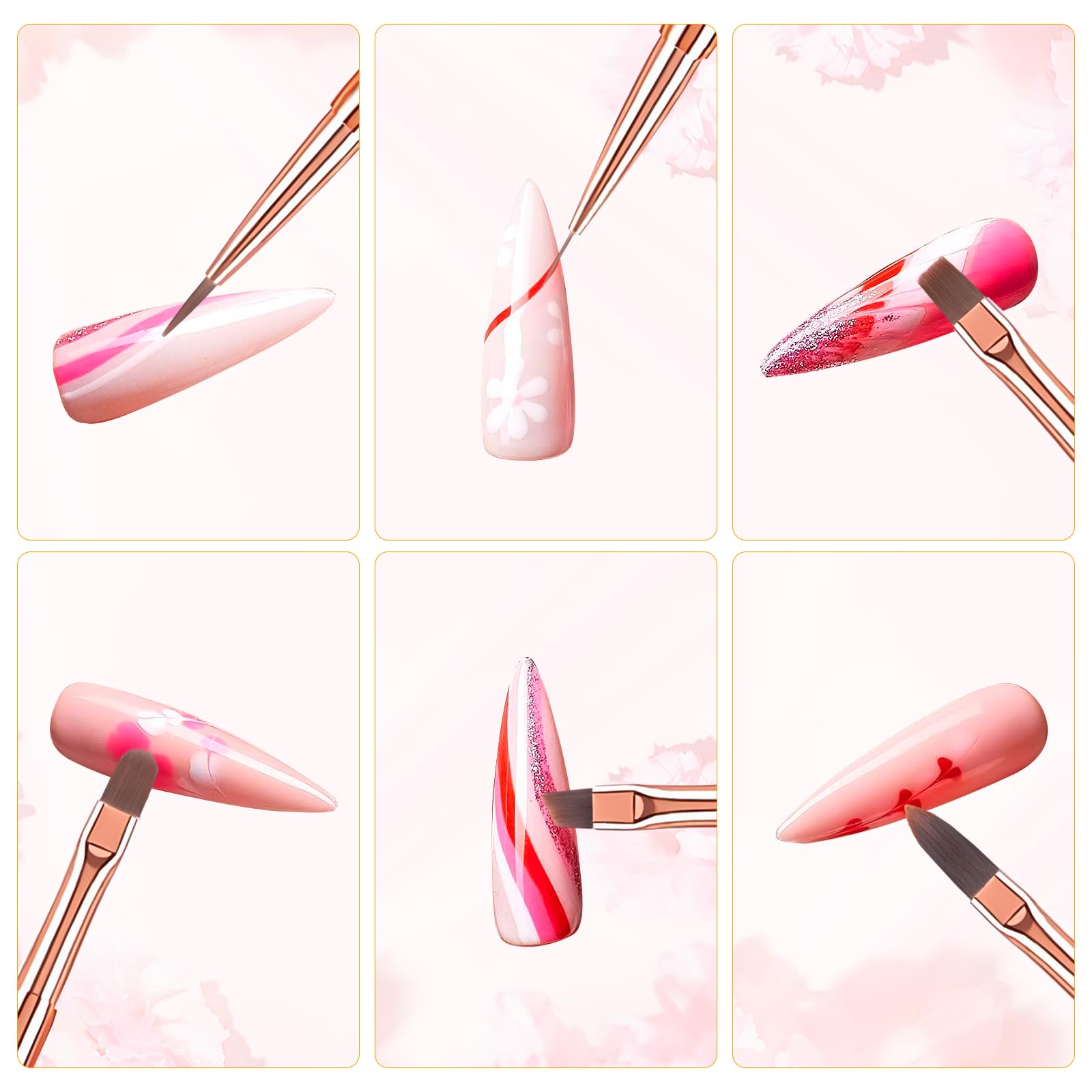 6 Pezzi Pennelli per Unghie, Penelli Unghie Professionali Set, con Manico con Strass e Setole in Nylon per principianti professionisti