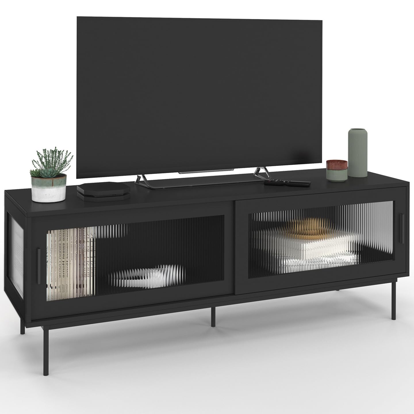 IDMarket - Meuble TV 140 cm ZINEB façade cannelée Noir