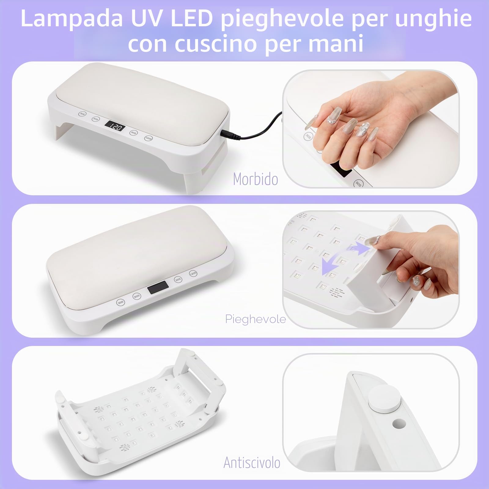 Lampada UV per Unghie con Bracciolo e Guanti UV: Professionale LED Lampada per Unghie, 4 Timer Asciugatrice Pieghevole con Poggiamano per Unghie Smalto Gel per Casa e in Salone, Bianco