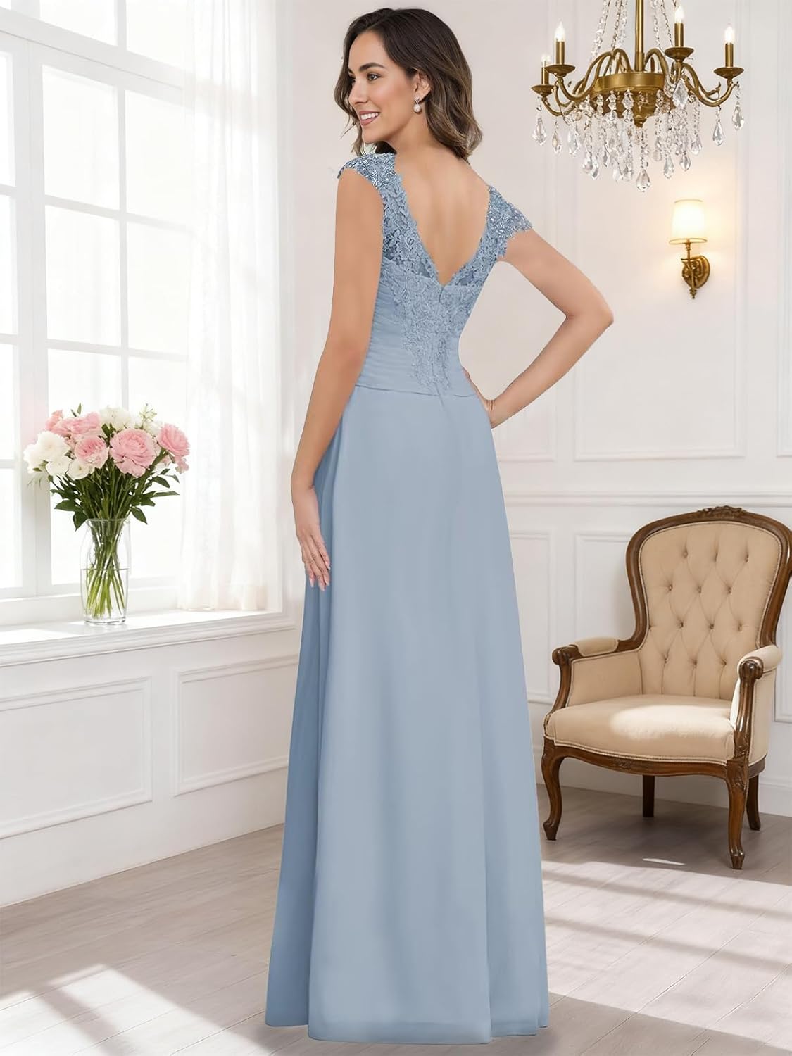 Chiffon Lace Mother of The Bride Dresses - V-Neck Ruched Long Wedding Formal Dress for Women - Image 3