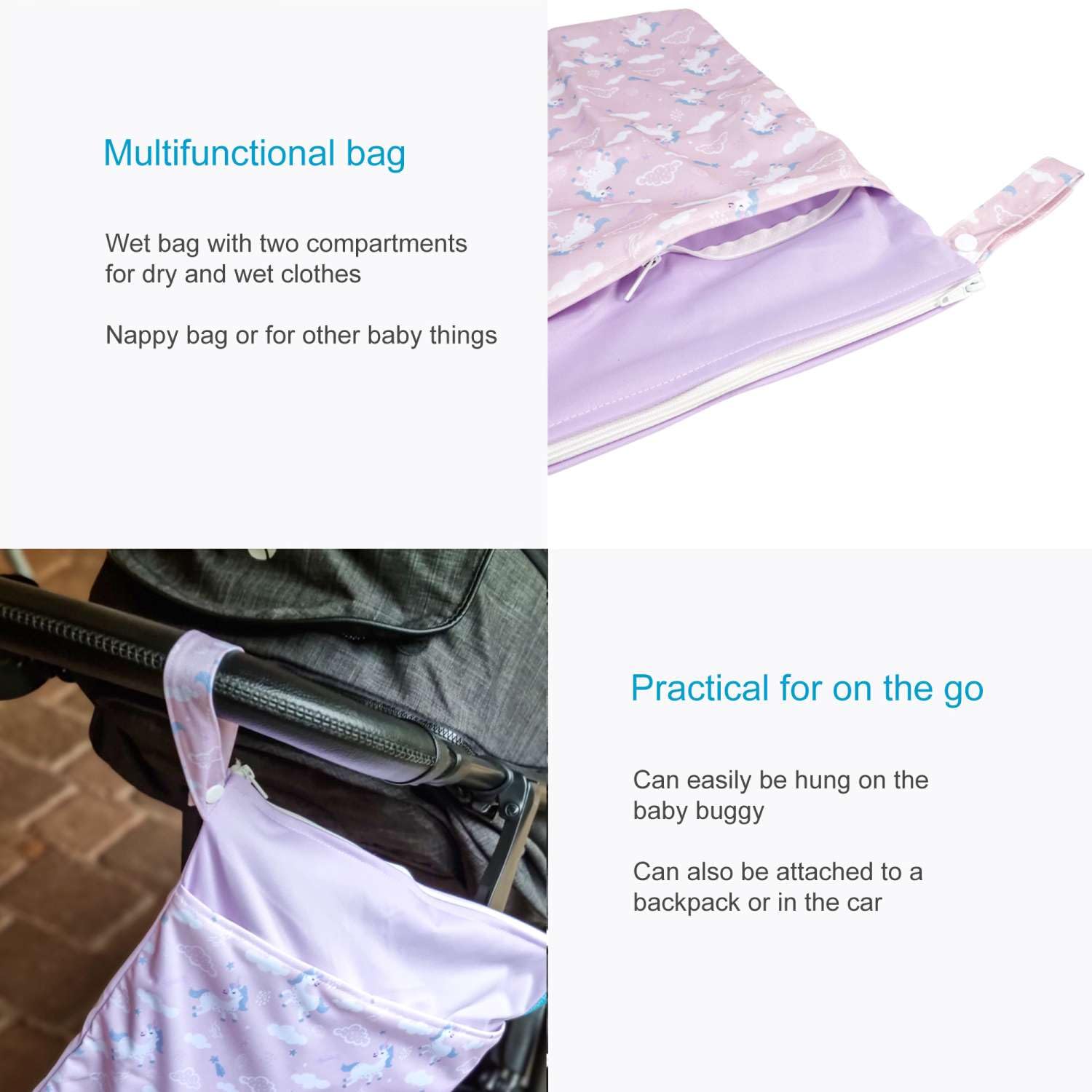 INTIRILIFE Wickeltasche wasserfester Beutel in Pink mit Einhörnern - 29 x 40 cm - Wiederverwendbare Nasstasche Windeltasche Wetbag mit Reißverschluss für Kleinkind Baby Reisen Sport