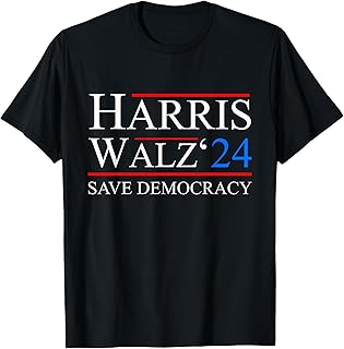 Harris Walz 2024 President Campaign Election Save Democracy T-Shirt - Black, Unisex-Adults, Small, Short Sleeve, Classic Fit, Solid Black Cotton, Democrats, Supporters of Harris Walz