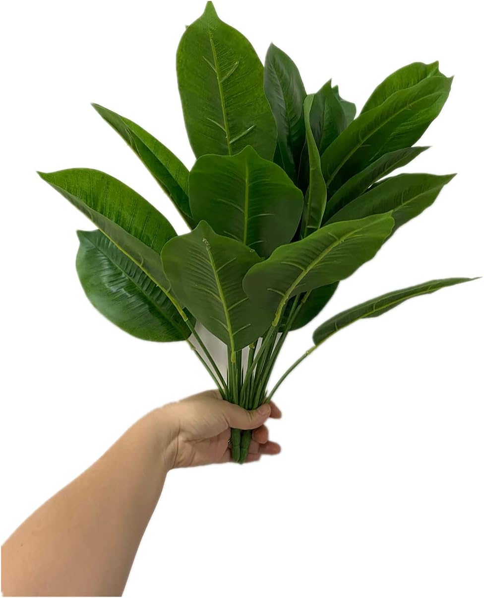 2 Bunches Artificial Bird of Paradise Plants 18" Permanent Leaf,Tropical Leaves Faux Strelitzia 12 Leaves Banana Tree for Potted Plant Flower Arrangement,Outdoor UV Garden Resistant Decor Green