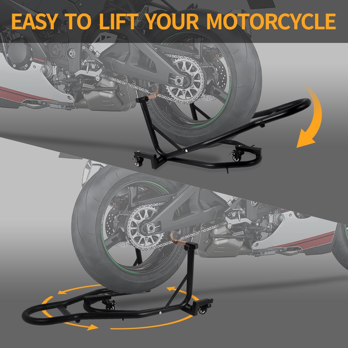 Universal Motorcycle Stand Paddock Rear Lift Combo Bike Wheel Fork Stands Motorcycles Swingarm Spool Adjustable Dismantable 360° Compatible Most for Yamaha Honda Kawasaki Suzuki Black