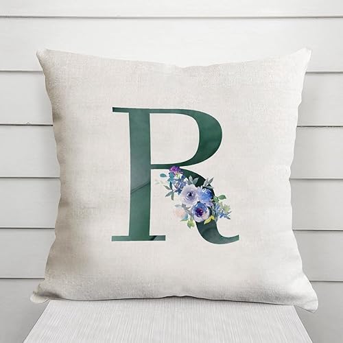 Miniatura 5 de Funda de almohada con monograma inicial de letra R con letra, diseño floral, funda de almohada personalizada con letras verdes oscuras, decoración