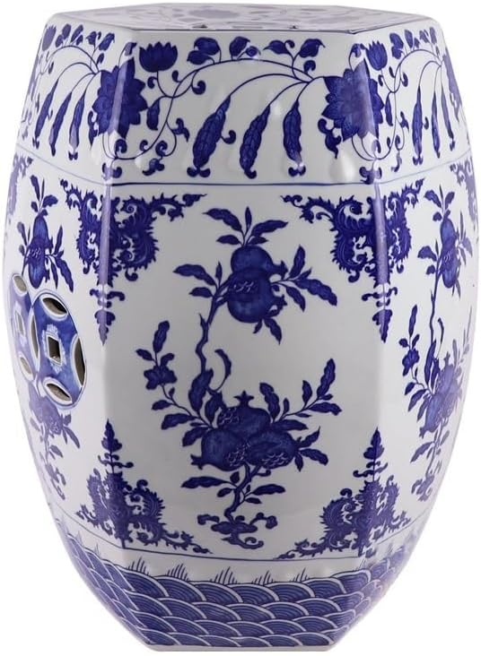 Ceramic Garden Stool Decorative Garden Stools Blue and White Porcelain Pier Hand-Painted Birds and Dragons Drum Stool Hexagonal Side Table Home Dressing Shoe Changing Stools Garden Stool(B)