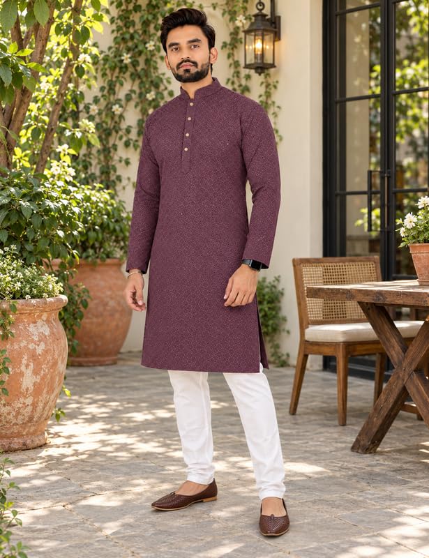 Image of Men's Lakhnawi Chikankari Kurta Set Cotton Ethnic Kurta Pajama for Men Wedding Festive Designer Indian Outfit Stylish Embroidered Kurta Set