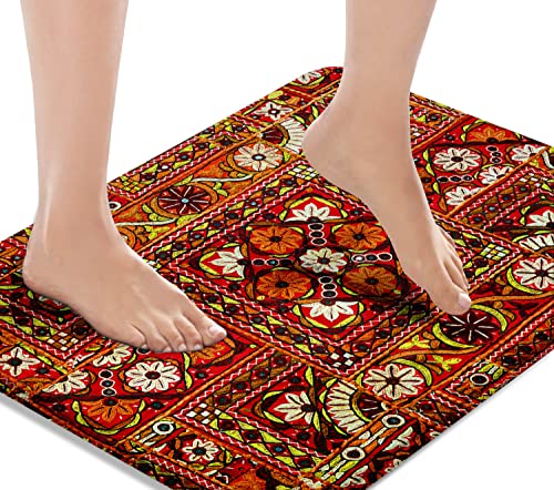 Britimes Bath Mats For Bathroom, Western Bathroom Rugs No Silp,Indian Patchwork Orange Red Floral Pattern Washable Cover Floor Rug Carpets Floor Mat 16X24 Inches For Kitchen Bedroom #TOP12