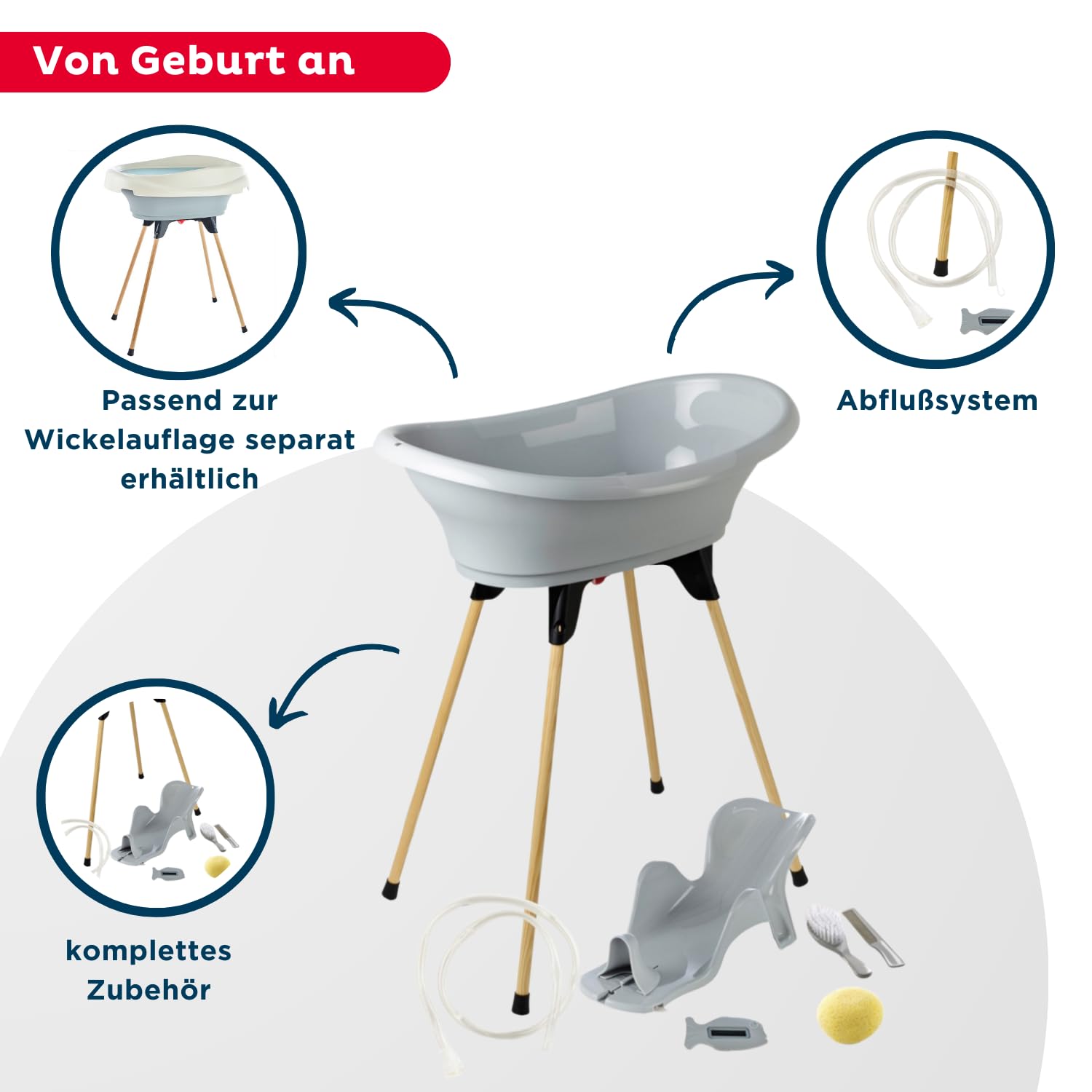 THERMOBABY - Zestaw do kąpieli dla niemowląt Vasco 7 w 1 Szary - Wanna + Stopa + Opróżnianie + Regulowany leżak kąpielowy + Termometr + Gąbka + Szczotka i grzebień - Wyprodukowano we Francji