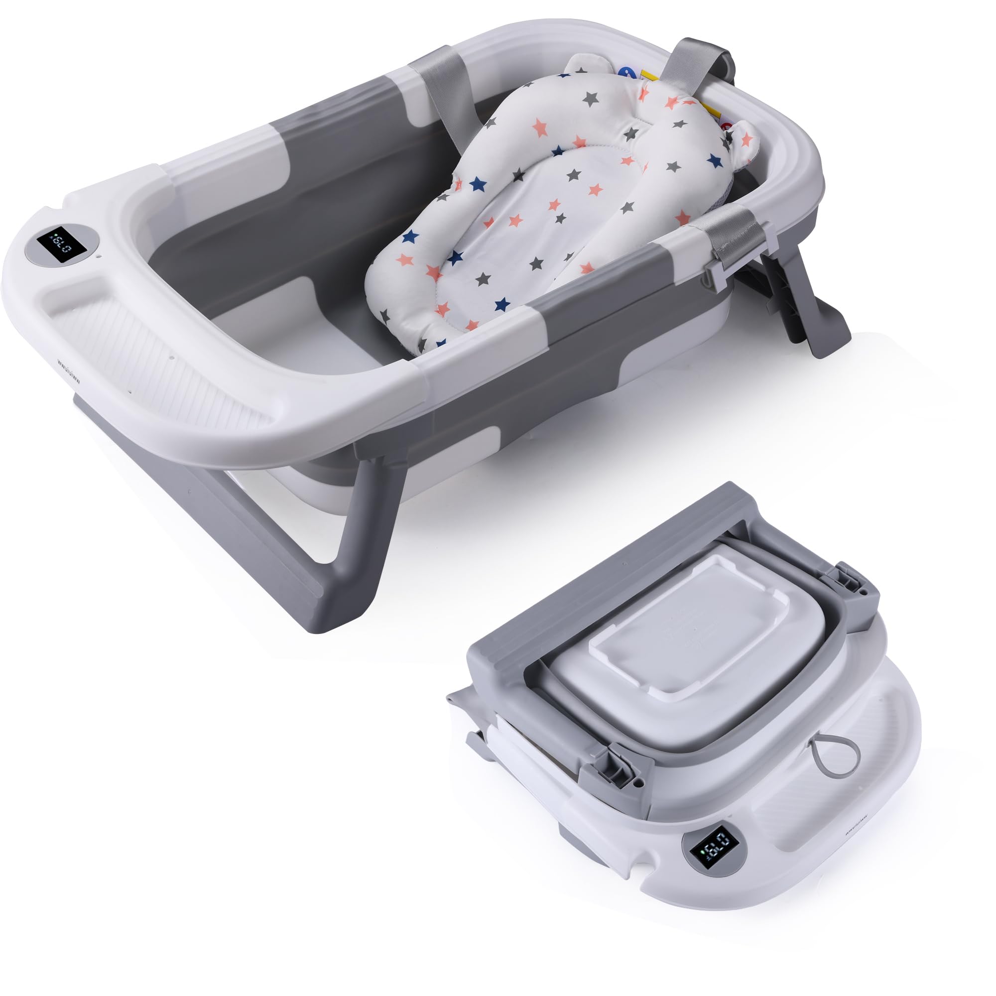 Baby Bathtub, Collapsible Newborn Bathtub for Infant to Toddler 0-24 Months with Soft Cushion and Thermometer,Portable Travel Newborn Tub with No-Slip Feet, Baby Shower Gifts (Gray)