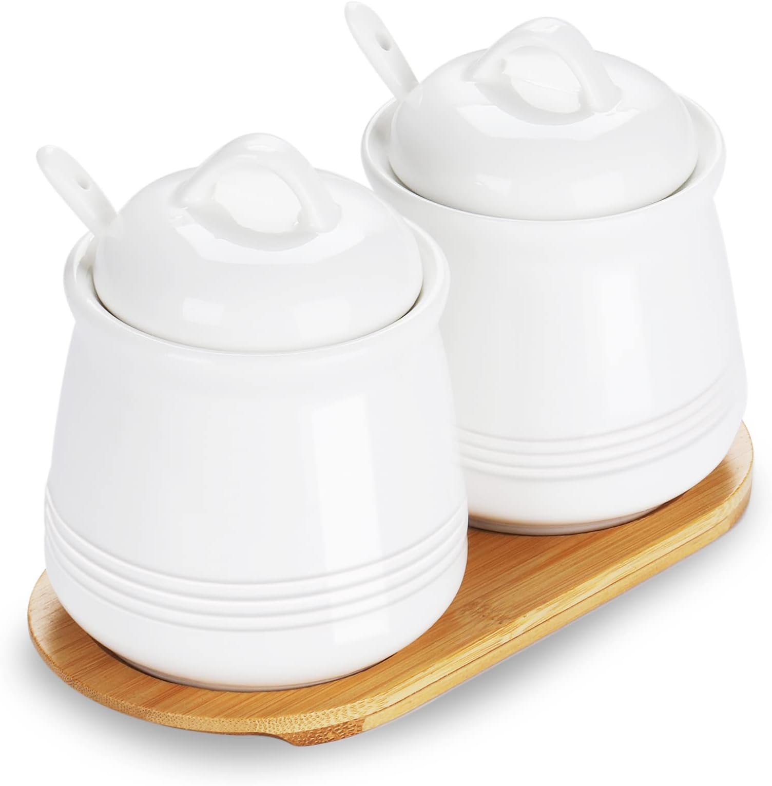 HAOTOP Ceramic Sugar Bowl 2 Pack, PorcelainJar with Tray, Spoon and Lid for Sugar, Pepper, Coffee, Spice, Salt, 12 Ounces (White)