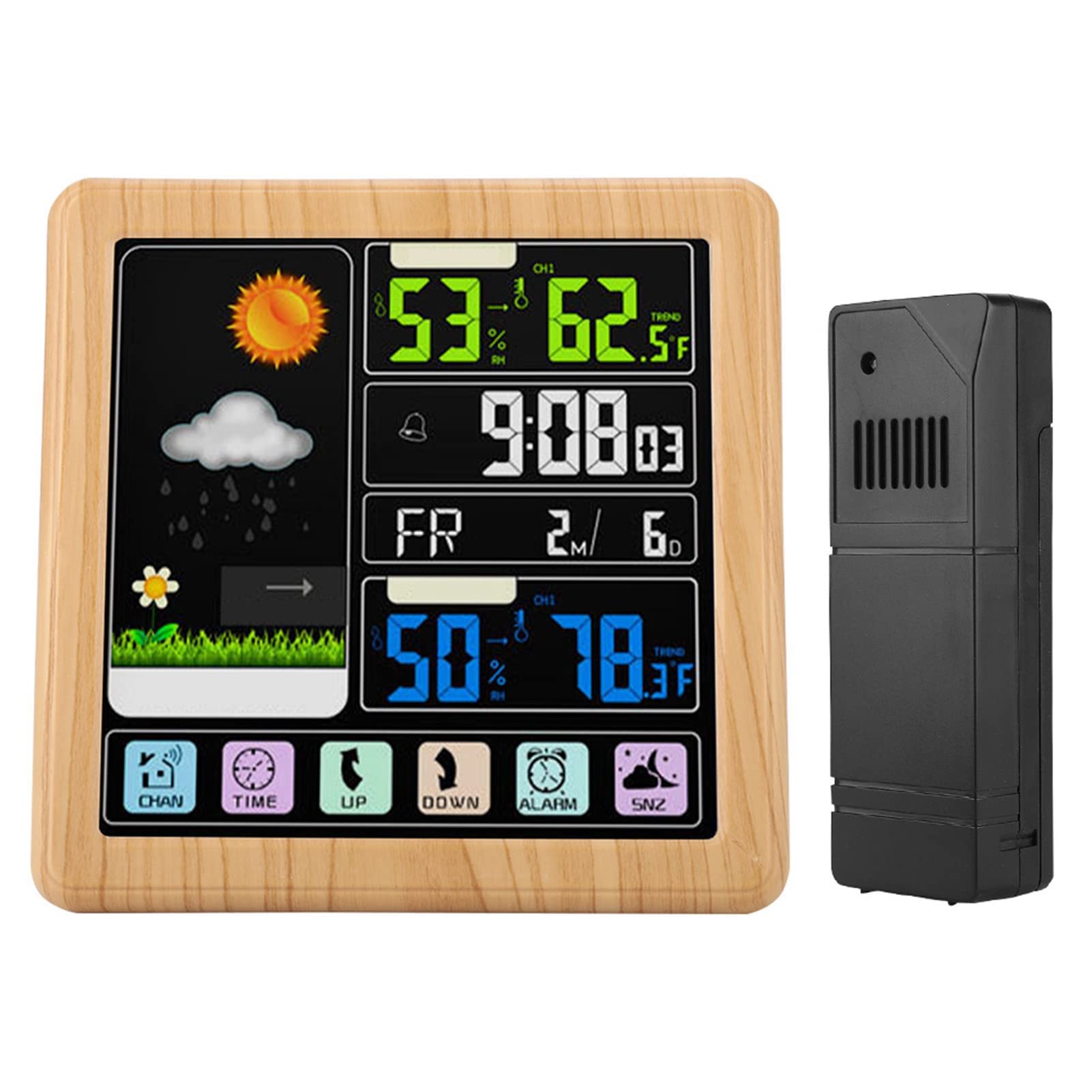 Sxhlseller Drahtlose Wetteruhr mit Vollem Touchscreen |Multifunktionswecker mit Farb-LCD, USB-Anschluss, Kindersicherung für TS-3310 (Holzfarbe)