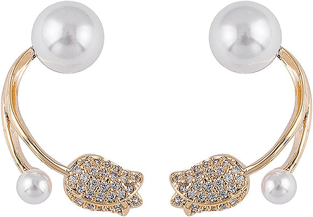Dainty Tulip Flower Enamel Statement Earrings,Charming Floral Pearl Jacket Front Back Earrings Trendy Petal Dripping Oil Jewelry Accessory Gift for Women - Image 7