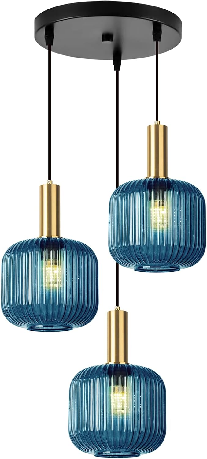 3-Light Modern Industrial Pendant Light Fixture, Adjustable Hanging Chandelier with Blue Striped Glass Shades for Kitchen Island, Dining Room, Bedroom, Black & Gold Metal Ceiling Light